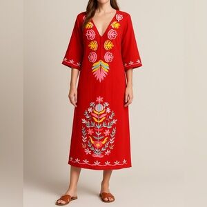 Kasper Embroidered Cotton Caftan – Boho Bell Sleeve Maxi Dress Size 12 NWT